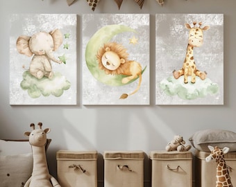 Watercolor Nursery Animal Prints, Elephant, Lion, Giraffe