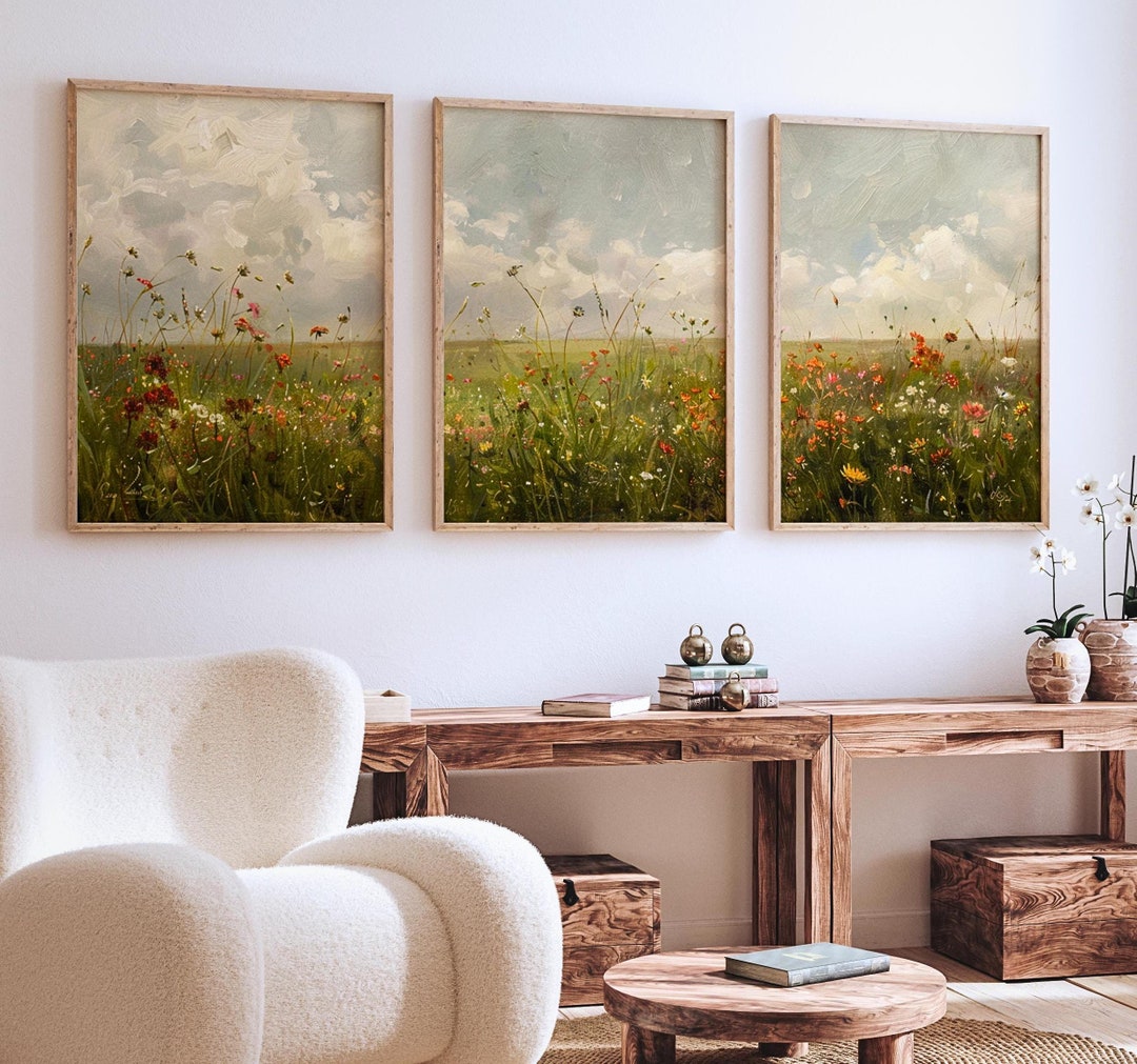 Wildflower Field Framed Wall Art Landscape 3 Set Canvas Vintage ...