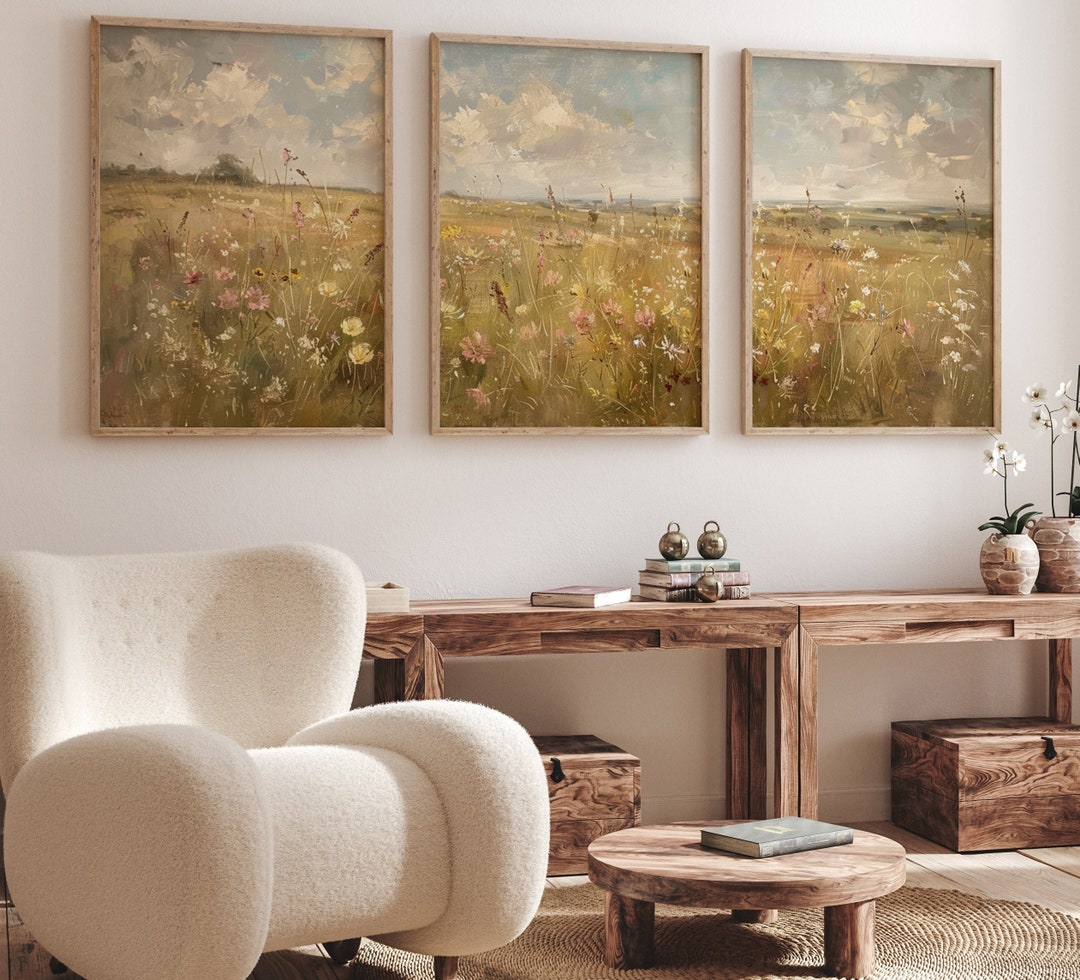 Wildflower Field Landscape, 3 Set Framed Canvas Large Wall Art Print ...