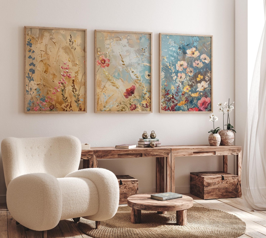 Wildflower Field Framed Wall Art Landscape 3 Set Canvas Vintage ...