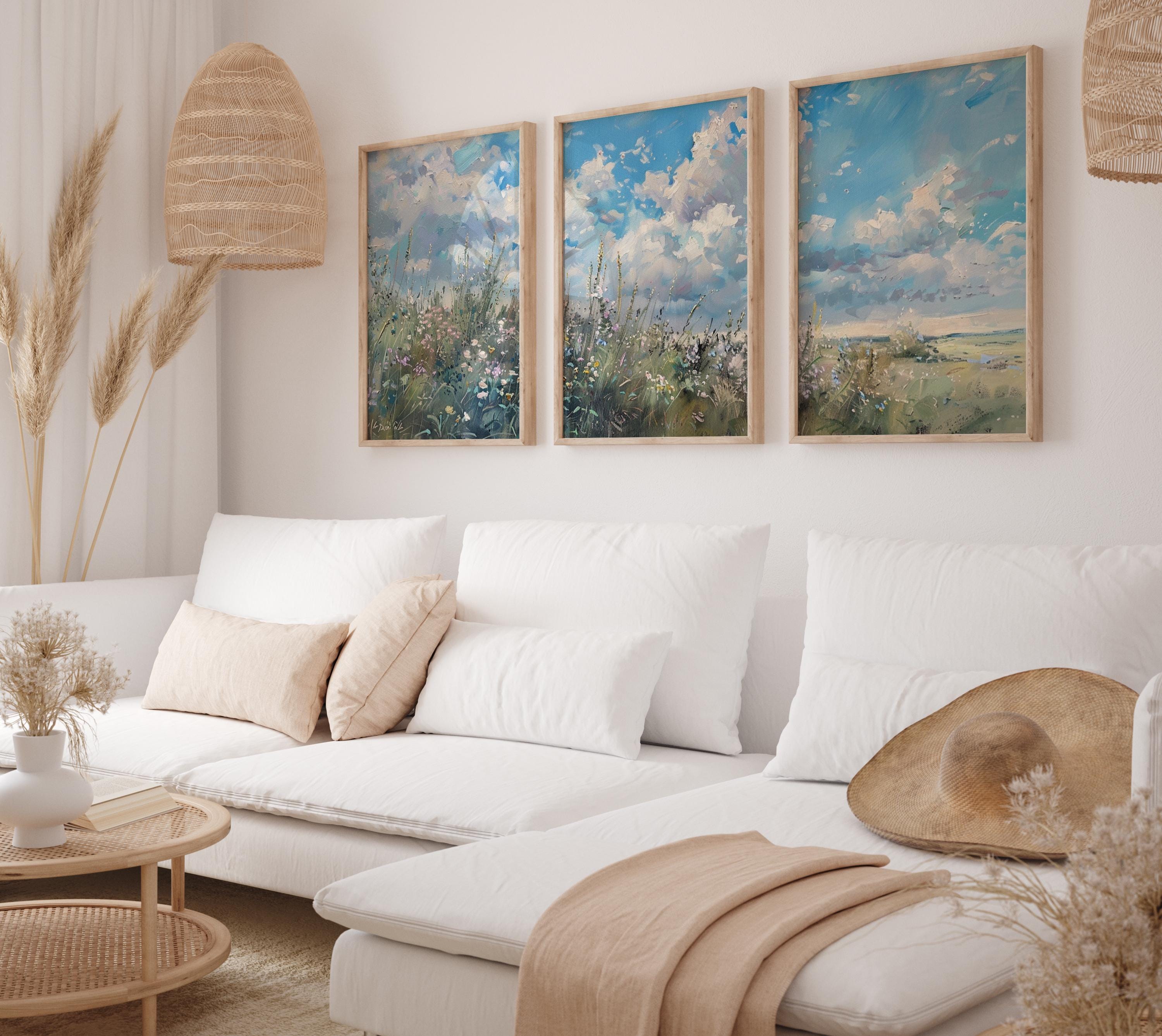 Wildflower Field Painting, Landscape Wall Art Print, 3 Piece Set Large ...