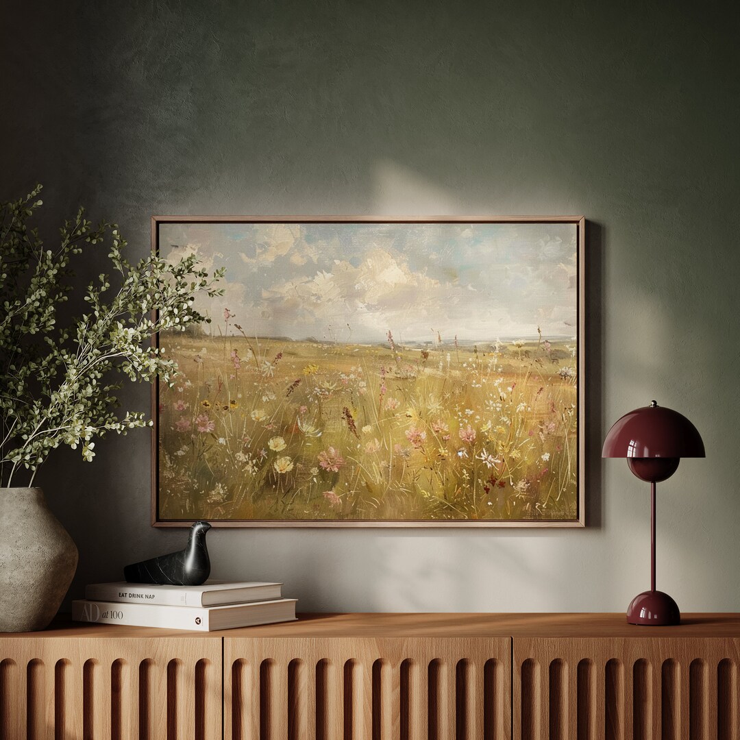 Wildflower Field Landscape Oil Painting Large Wall Art Print, Framed ...