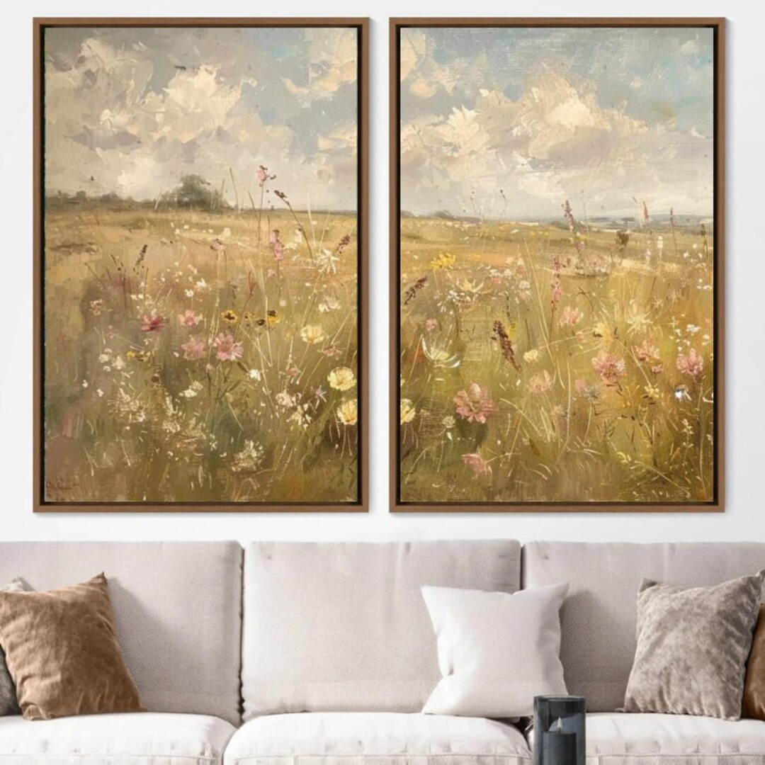 Wildflower Field Landscape, 2 Set Framed Canvas Large Wall Art Print ...
