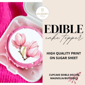 Magnolia Flowers Edible Cake Image - Sugar Sheet Topper for Cake Decorating - Flower Print Frosting Sheet - Butterflies