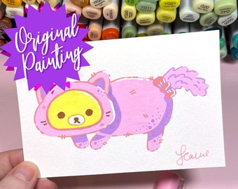 ORIGINAL Painting - Kawaii Strawberry Kitty Bear Drawing - Hand Signed - Painted by Me - LeanneLand Art - Artist