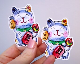 Maneki Neko STICKER SET - Large Vinyl Stickers - Art Designed by Me - LeanneLand Art - Bujo Bullet Journal - Japanese Beckoning Cat