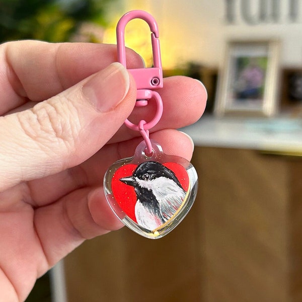 Chickadee Heart KEYCHAIN CHARM • Acrylic with Glitter • 1 Inch