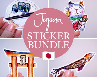 JAPAN STICKER BUNDLE - Large Vinyl Stickers - Art Designed by Me - LeanneLand Art - Bujo Bullet Journal - Sushi - Maneki Neko