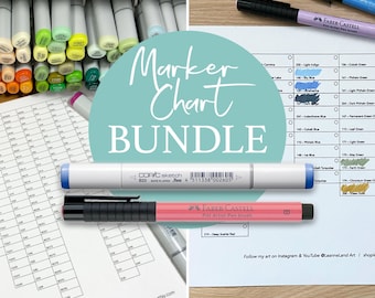 COPIC Marker Chart BUNDLE - Copic and PITT Artist Brush Pens - 2 in 1 - Print and Colour - Easy Art Reference