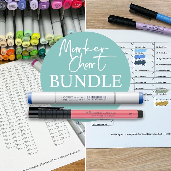 COPIC Marker Chart BUNDLE - Copic and PITT Artist Brush Pens - 2 in 1 - Print and Colour - Easy Art Reference