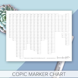 May include: A black and white chart with the names of Copic marker colors and their corresponding numbers. The chart is divided into columns and rows, with each cell containing a color name and number. The chart is labeled "Copic Marker Chart" at the bottom.