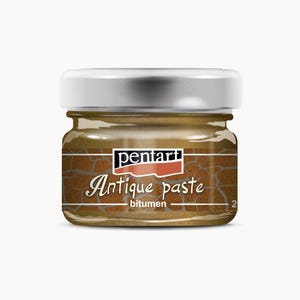 Op de afbeelding: Een klein glazen potje met Pentart Antique Paste Bitumen. Het potje heeft een zilveren deksel en een bruin etiket met de productnaam en het merk.