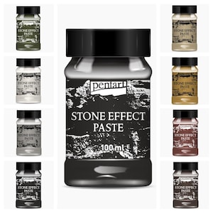Puede incluir: Un conjunto de diez botellas de 100 ml de pasta de efecto piedra Pentart en varios colores, incluyendo verde, blanco, marrón, beige y gris. Las botellas tienen tapas negras y etiquetas con el nombre de la marca y el nombre del producto.