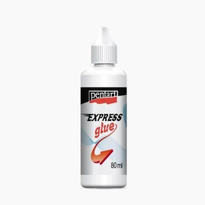 Könnte beinhalten: Eine weiße Flasche Pentart Express Glue mit einem roten und weißen Etikett. Die Flasche ist 80 ml groß und hat einen weißen Verschluss.