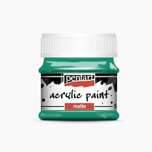 Pode incluir: Um frasco de tinta acrílica verde com tampa branca. O frasco tem um rótulo preto com o texto "pentart acrylic paint" em branco e "fosco" em vermelho.