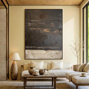 Großes schwarzes abstraktes Gemälde, schwarze Wabi-Sabi minimalistische Wandkunst, beige abstrakte Kunst, zeitgenössische Kunst, modernes Wohnzimmer Wanddekor