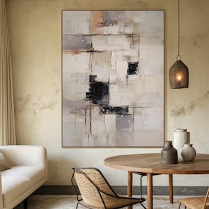 Large beige abstract oil painting on canvas, beige minimalist wall art, wabi-sabi wall art, black textured wall art, modern home wall decor