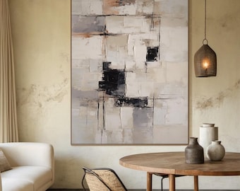 Large beige abstract oil painting on canvas, beige minimalist wall art, wabi-sabi wall art, black textured wall art, modern home wall decor