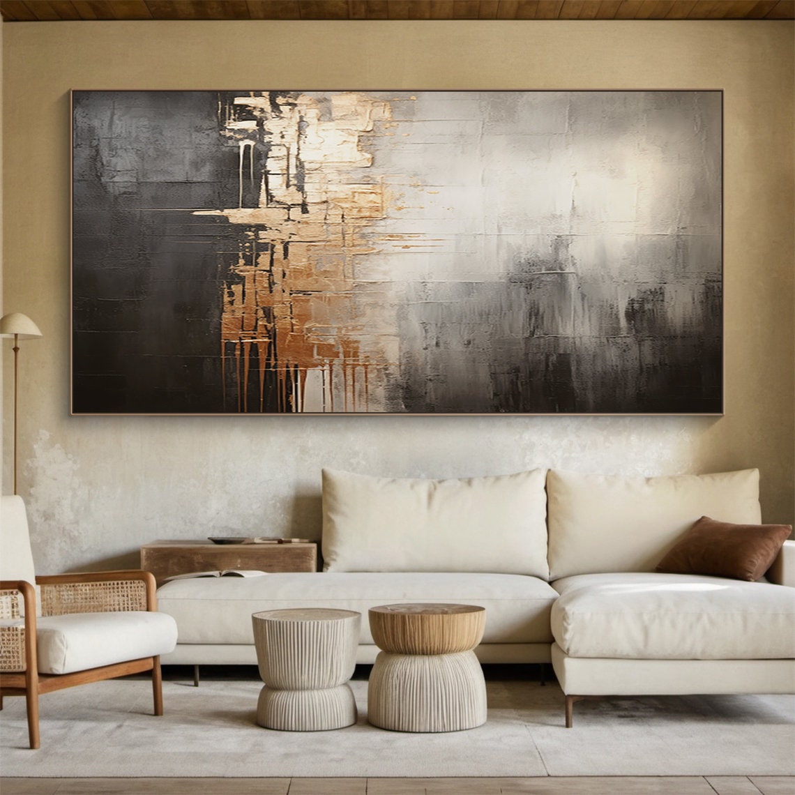 Extra Large Canvas Wall Art, Beige and Black Abstract Oil Painting ...