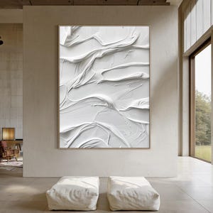 Large White Textured Abstract Wall Art, Minimalist 3D Painting on Canvas, Modern Flowing Palette Knife Art for Living Room Decor