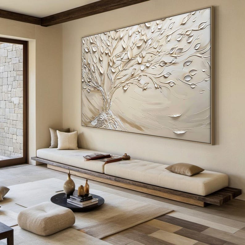Beige Tree of Life Abstract Minimalist Oil Painting | Beige Abstract ...