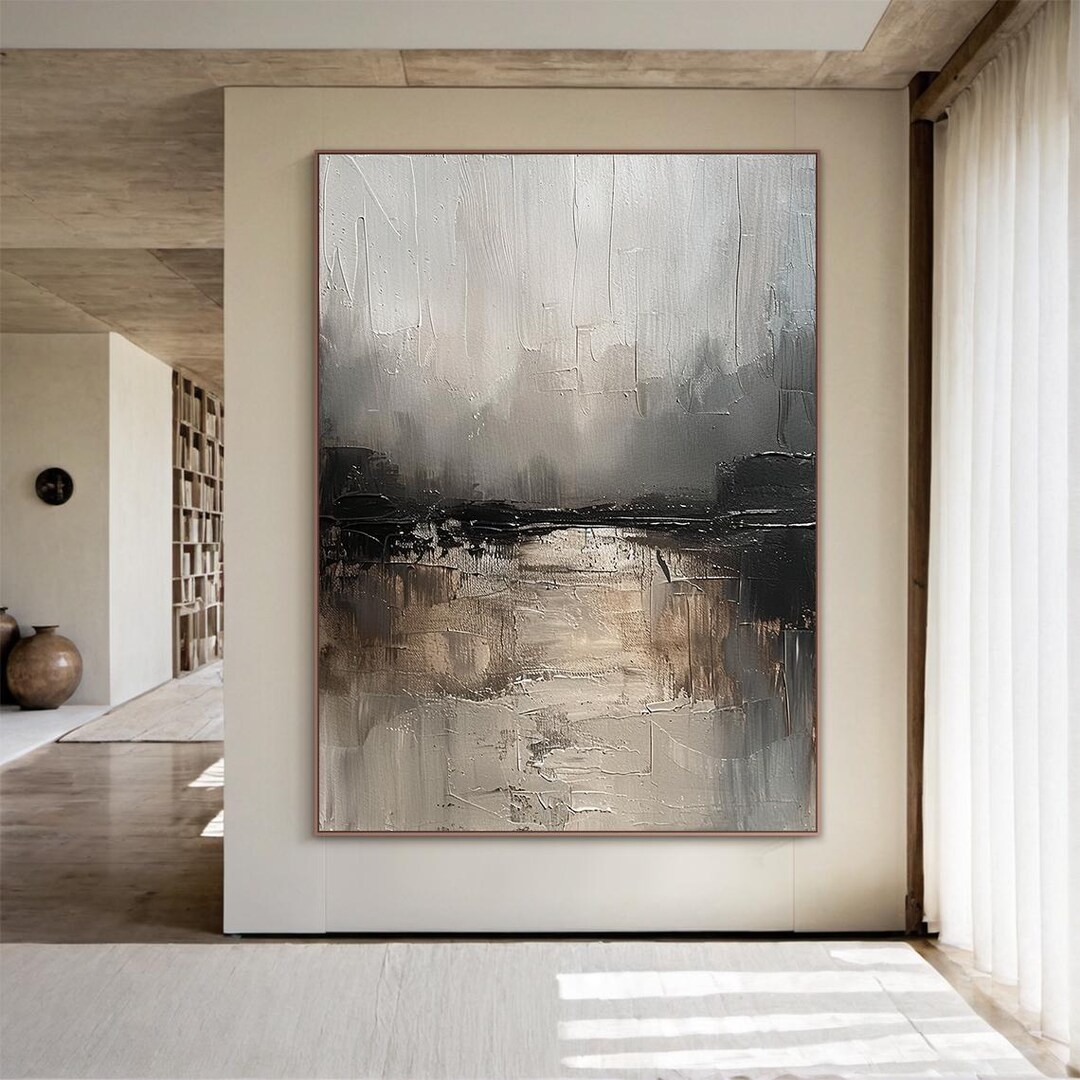 Large Neutral Abstract Painting, Beige Black Wall Art for Modern Living ...