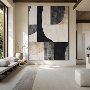 Groot bruin abstract olieverfschilderij, zwarte minimalistische muurschildering, grijze en witte muurschilderij in wabi-sabi-stijl, neutrale decoratie