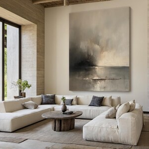 Large grey and black abstract painting on canvas, beige wabi-sabi minimalist wall art, grey abstract art, modern apartment wall decor