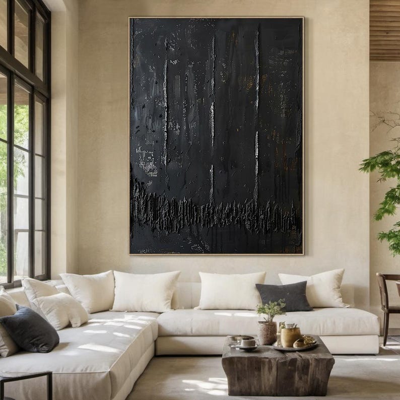 Large Pure Black Abstract Minimalist Oil Painting | Black Abstract Art ...