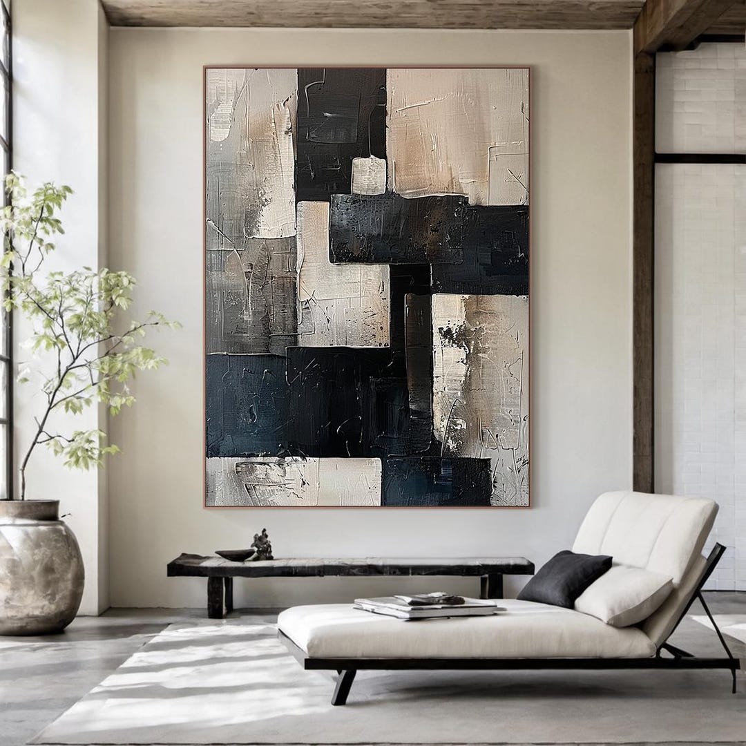 Large Beige Abstract Canvas Painting, Modern Black Textured Wall Art ...