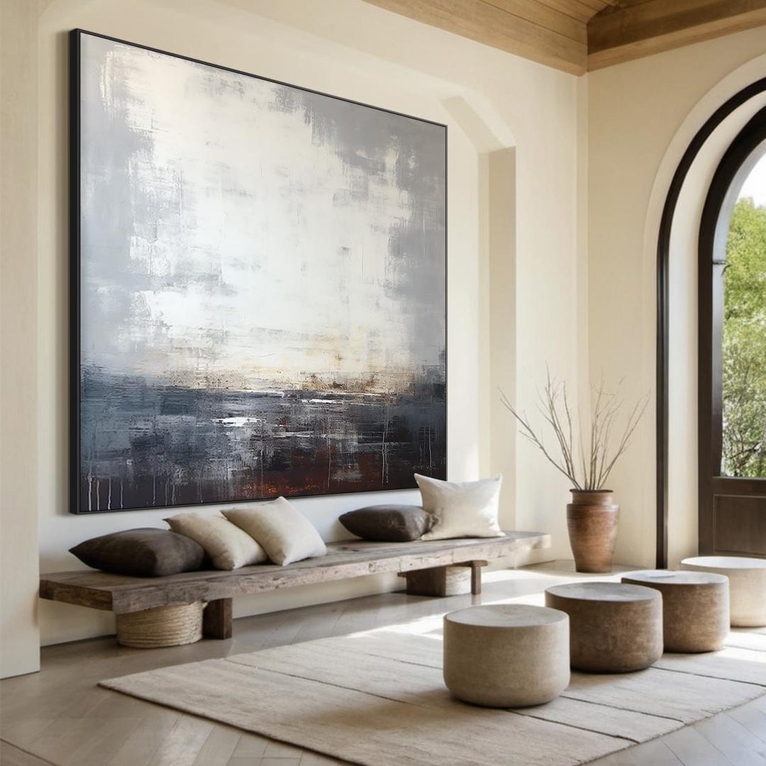 Large Grey and Black Abstract Oil Painting, White Minimalist Wall Art ...