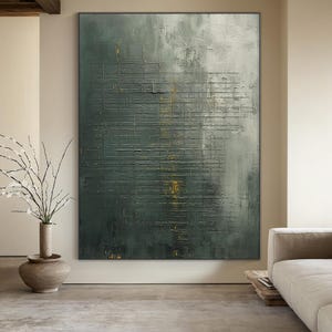 Green canvas abstract painting, grey wabi-sabi wall art, original hand painting, green simple texture art, modern living room art