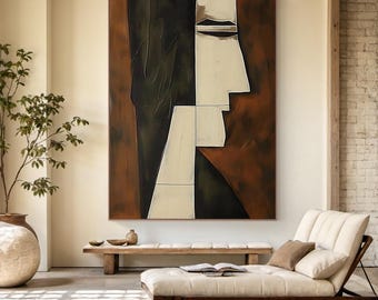Large Cubist Abstract Face Painting, Beige Brown Black Vertical Canvas Wall Art for Living Room