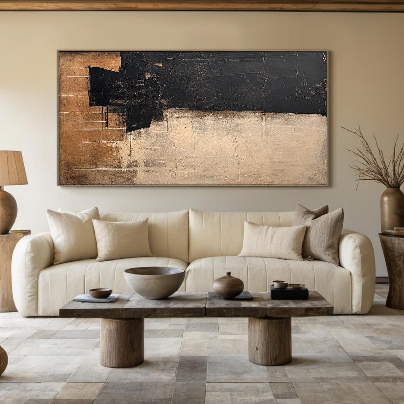 Large Black Abstract Minimalist Oil Painting | Beige Abstract Art ...