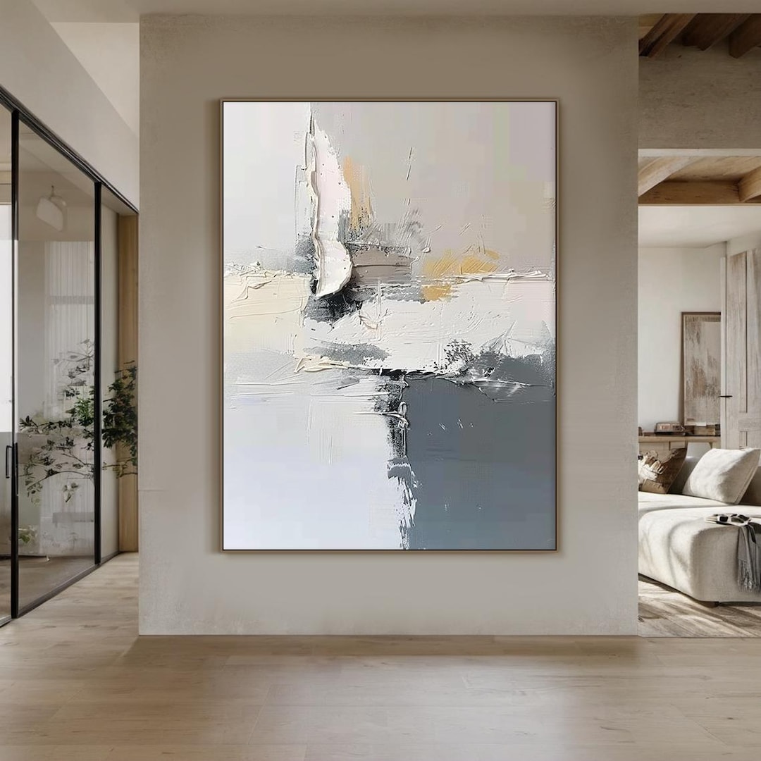 Modern Abstract Textured Oil Painting, Neutral Beige Grey Canvas Wall ...