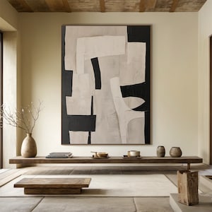 Beige Wabi Sabi Wall Art Black Beige Abstract Painting Large Black Minimalist Wall Art Beige Textured Canvas Painting Neutral Wall Decor
