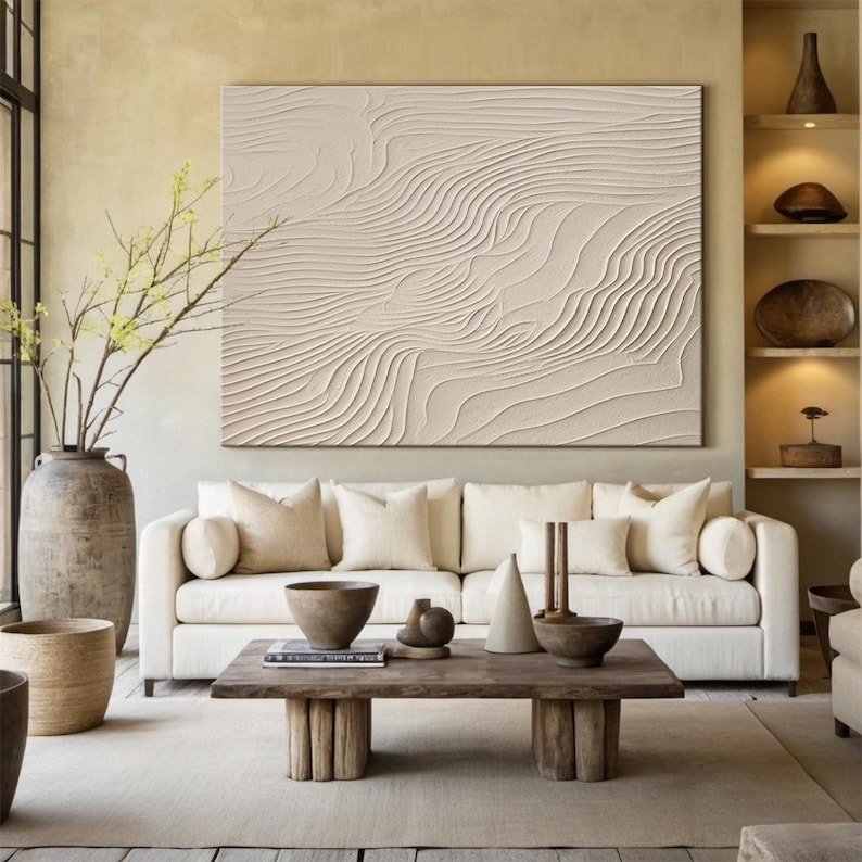 Large Beige Abstract Canvas Painting, Minimalist Textured Wall Art ...