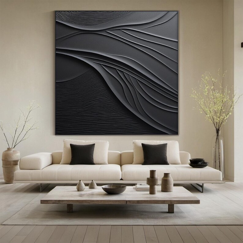 Black Abstract Oil Painting on Canvas, Black Wall Art, Large Wabi-sabi ...