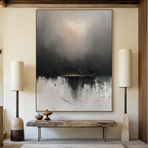 Large black canvas abstract painting, grey wabi-sabi minimalist wall art, grey abstract art, modern apartment wall decor