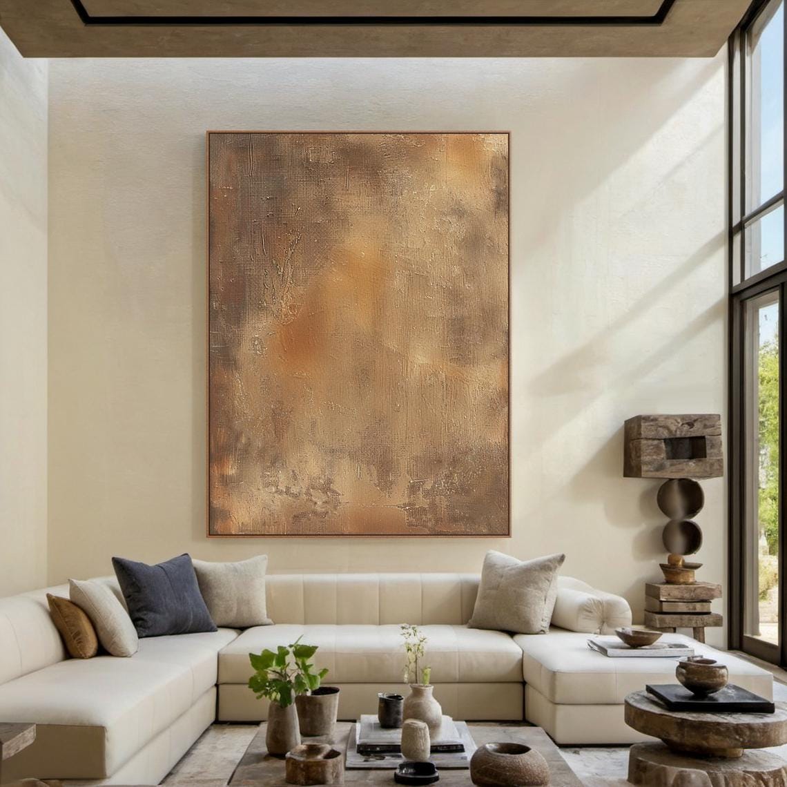 Large Brown Abstract Oil Painting on Canvas, Brown Wabi-sabi Wall Art ...