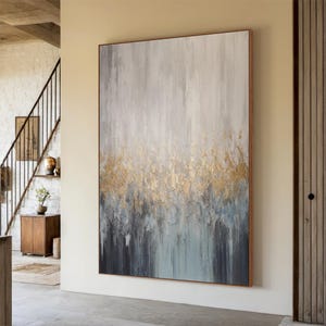 grey canvas abstract oil painting, black wall art, large wabi-sabi wall art, gold textured wall painting, modern living room decor