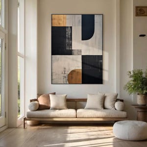 Large original beige abstract painting, black minimalist wabi-sabi wall decor, brown textured abstract art, modern home decor