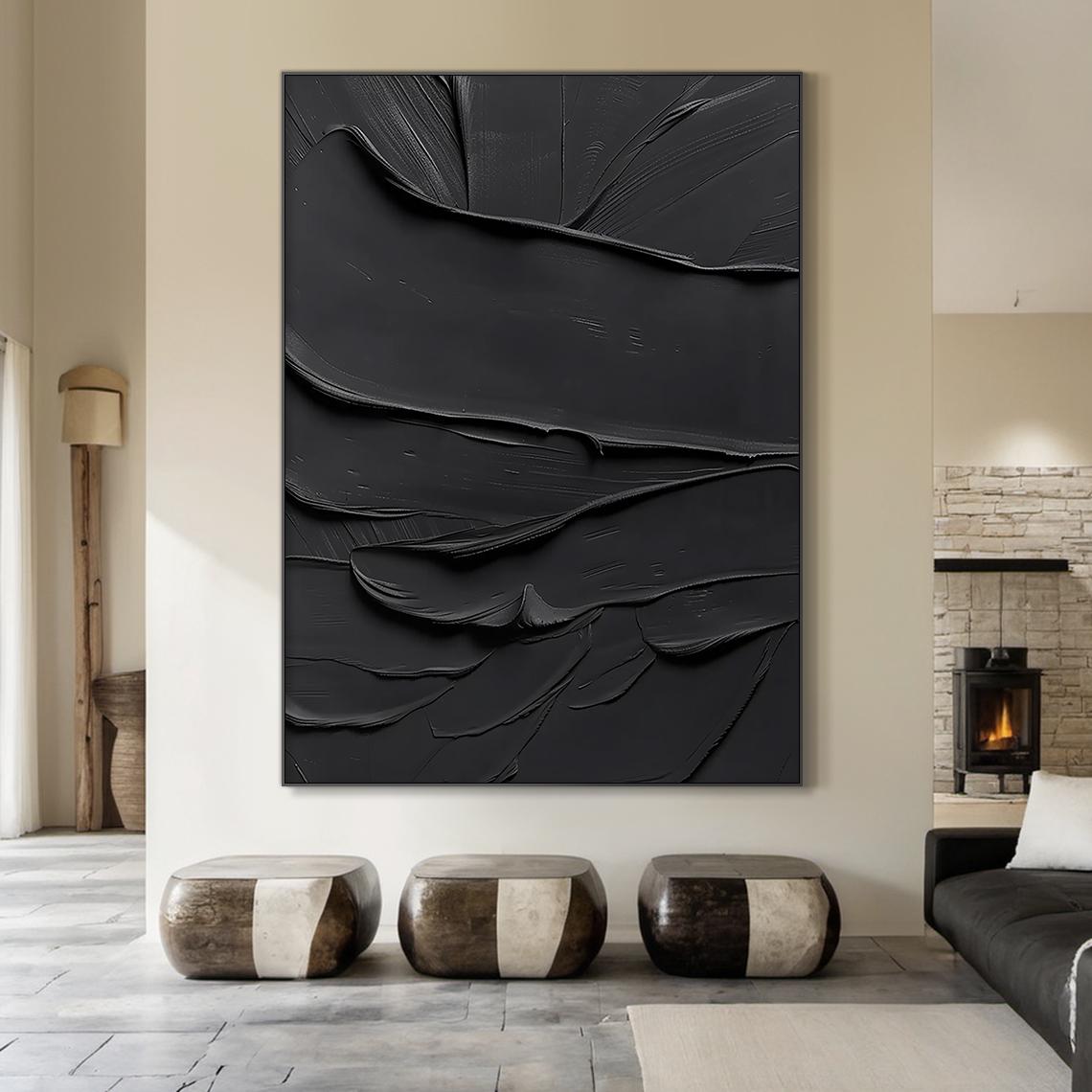 Modern Black Abstract Oil Painting Art, Black 3D Texture Wall Art ...