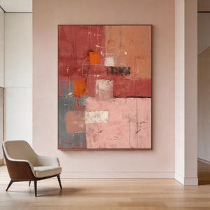 Large-format pink abstract painting, textured canvas art in coral-orange tones, modern home decor