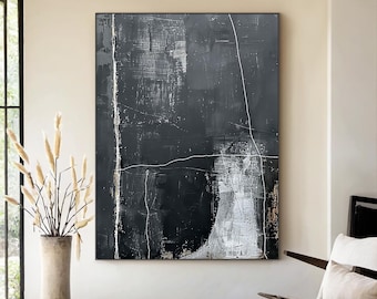 Grijs en zwart abstract schilderij op canvas, moderne muurkunst met textuur, neutraal kunstwerk voor woonkamer