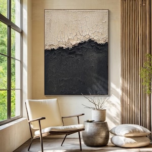 Large beige canvas abstract painting, black wabi-sabi minimalist wall art, beige textured abstract art, modern apartment wall decor