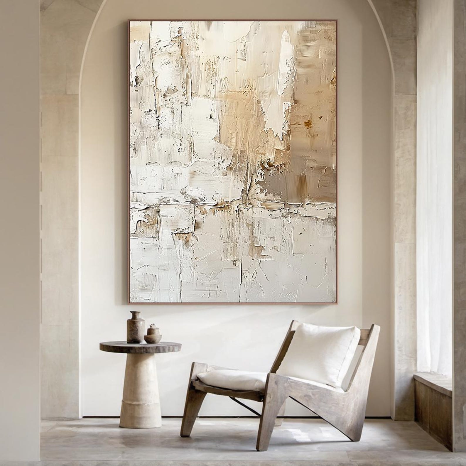 Large Neutral Beige Abstract Painting, Minimalist 3D Texture Canvas ...