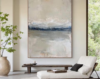 Gran cuadro abstracto neutro: arte mural texturizado en beige y azul para una decoración moderna y minimalista de la sala de estar.
