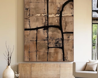 Modern Abstract Textured Painting, Brown and Black Geometric Canvas Art, Contemporary Wall Decor for Living Room