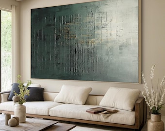 Pintura abstracta de gran tamaño sobre lienzo verde, arte mural wabi-sabi, original pintado a mano, arte de textura minimalista verde, arte moderno